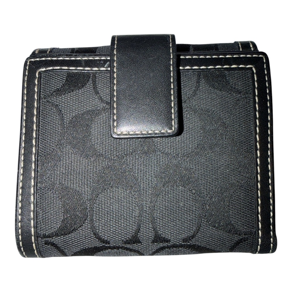 Coach Black Signature Canvas/Leather Compact Flat Wallet - Picture 3 of 10